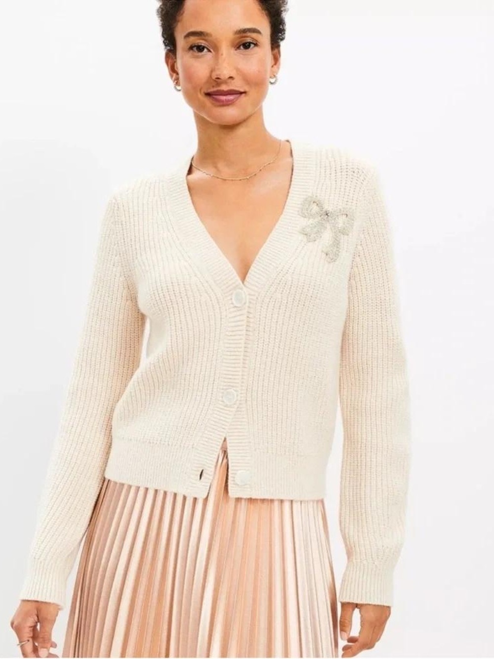 LOFT Cream V-Neck Button Cardigan with Decorative Bow